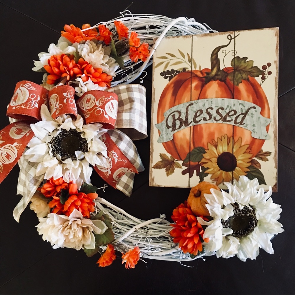 Thanksgiving, Fall Wreath, Pumpkin, Sunflowers